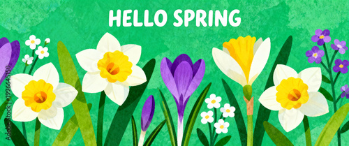 HELLO SPRING A beautiful digital illustration captures the essence of spring with a vibrant display of blooming flowers and fresh green leaves