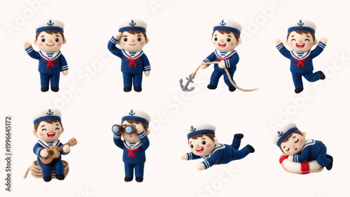 Cute sailor character set with nautical activities and marine lifestyle