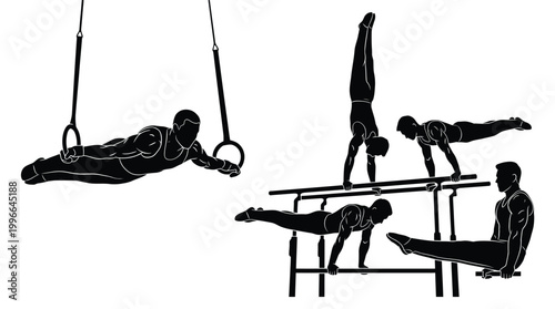 Fotografie Set of silhouettes of male gymnasts performing various exercises on rings and pa