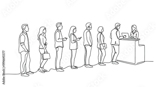Schilderij op canvas Continuous line drawing of people standing in a queue at the reception desk, wai