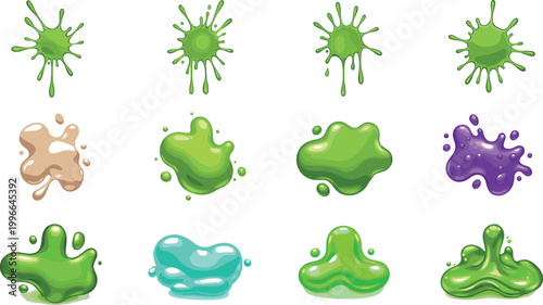 Liquid splash collection with colorful paint splatters and glossy fluid shapes for creative design, abstract backgrounds, and artistic illustration