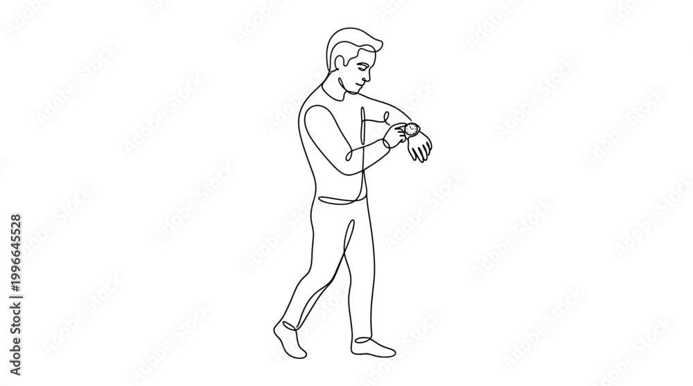 Obraz premium Continuous one line drawing of a young man looking at his wristwatch minimalist style of a person checking time on a watch