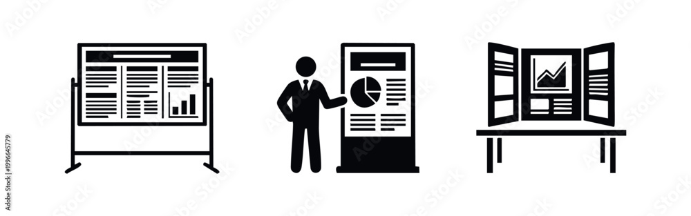 Fototapeta premium Set of presentation and business data visualization icons featuring a board, a speaker with a chart, and a tri-fold scientific poster display.