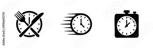 Set of black and white minimalist icons representing mealtime, fast service, and a stopwatch timer on a white background.