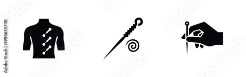 Set of three minimalist black icons representing acupuncture therapy, featuring back treatment, a single needle, and practitioner's hand.