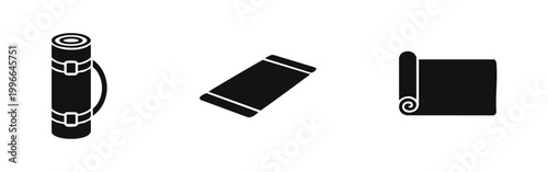 Set of black yoga and fitness mat icons in various states: rolled with straps, flat, and partially unrolled. Isolated on a white background.