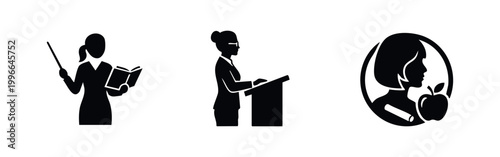 Set of minimalist black silhouettes of female teachers and professors representing education, lecturing, and school symbols on a white background.