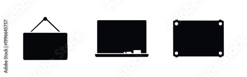 Minimalist black icons of a hanging sign, chalkboard with chalk, and a pinned bulletin board set on a clean white background.