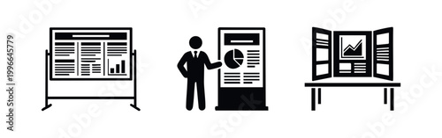 Set of presentation and business data visualization icons featuring a board, a speaker with a chart, and a tri-fold scientific poster display.