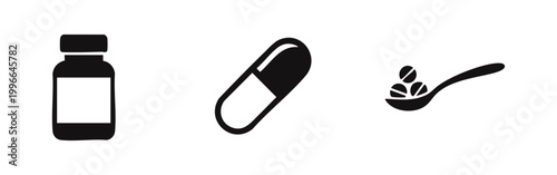 Set of black medical icons featuring a medicine bottle, a pill capsule, and a spoon with tablets on a white background for healthcare concepts.