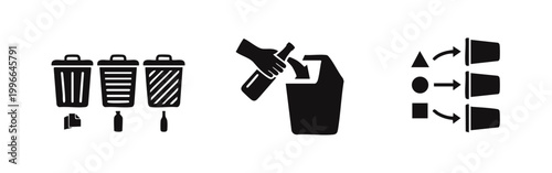 Black silhouette icons for waste management and recycling, showing sorted trash bins, glass disposal, and waste segregation concepts.
