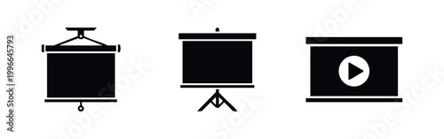 Vector set of black projector screen icons featuring portable tripod, wall-mounted, and video playback designs on a plain white background.