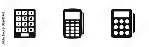 Flat vector icon set featuring a numeric keypad and credit card payment terminals for retail, banking, and secure electronic transactions.