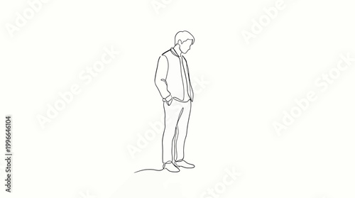 Photos Continuous line drawing of a man standing with hands in pockets, looking down, m