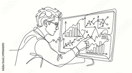 Continuous line drawing of a businessman analyzing financial charts and graphs on a computer screen, professional data analyst working with business statistics, vector illustration