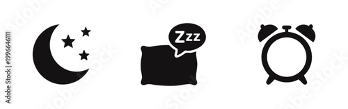 Minimalist black icon set for sleep and bedtime featuring a crescent moon with stars, a pillow with zzz text, and a classic alarm clock silhouette.