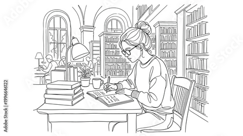 Line art illustration of a young woman studying in a library, sitting at a desk with books, a lamp, and a plant, surrounded by bookshelves and other students in a quiet academic setting