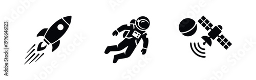 Collection of minimalist black space icons featuring a launching rocket, a floating astronaut, and a satellite orbiting a planet on white background.