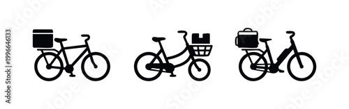 Set of black bicycle silhouettes for delivery services, featuring a standard bike, a cargo bike with a front basket, and an electric delivery bike.