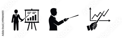 Set of black and white business presentation icons featuring silhouettes of professionals, charts, and pointers for data analysis and reports.