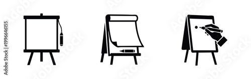 Set of minimalist presentation icons featuring a projection screen and flipcharts for business meetings, training, and educational seminars.
