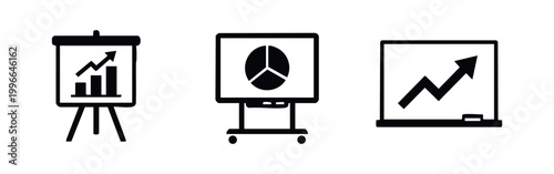 A set of minimalist business presentation icons featuring a flipchart, interactive screen, and whiteboard showing growth charts and data analytics.