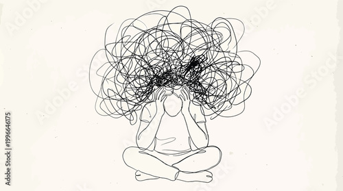 Line art illustration of a person sitting in a crosslegged position with a messy tangled scribble representing a chaotic mind or mental stress and anxiety
