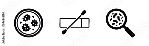 Professional set of laboratory icons including a petri dish with cultures, specimen slide with swab, and magnifying glass viewing microorganisms.