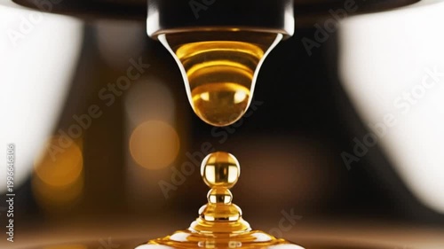 Golden liquid pouring onto a small golden object with a