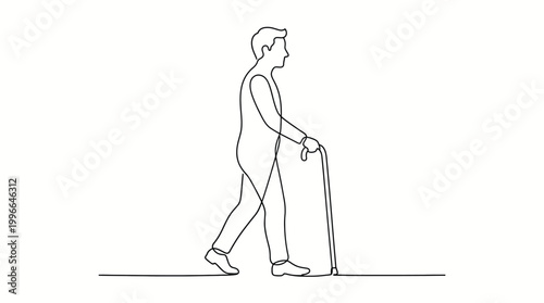 Continuous line drawing of an elderly man walking with a cane, minimalist design of a senior person with a walking stick, simple vector illustration of an old man moving forward