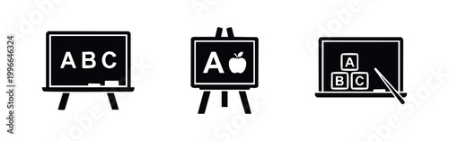 Education icons set featuring blackboards and an easel with ABC letters, an apple, and a pointer. Minimalist flat design for learning themes.