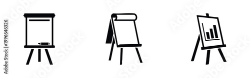 Professional black icon set featuring presentation flipcharts and a bar chart easel on a white background. Ideal for business and education design.