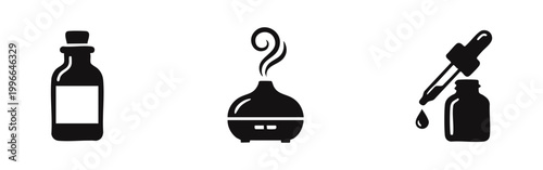 Fotografía Black and white icon set of aromatherapy essentials including a natural oil bottle, an electric scent diffuser, and a dropper bottle with pipette