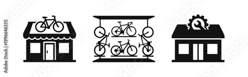 Set of minimalist black icons representing a bicycle shop storefront, a bike display rack showroom, and a professional repair workshop service.