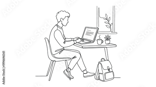 Continuous line drawing of a young man sitting at a desk working on a laptop computer, student studying with a backpack, minimalist vector illustration