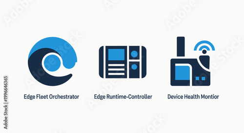 Edge computing technology icons: orchestration controller monitoring with artificial intelligence machine learning white background dark blue technology orchestration controller monitoring