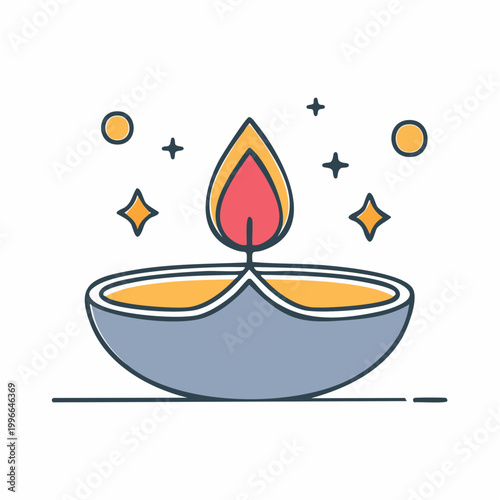 Diya oil lamp with flame and stars