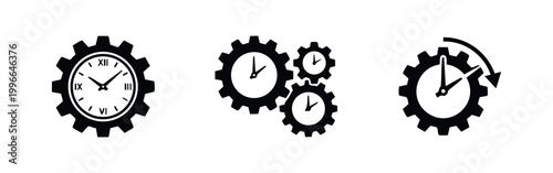 Minimalist black and white icons of clock faces integrated into gears, symbolizing time management, industrial efficiency, and workflow optimization.