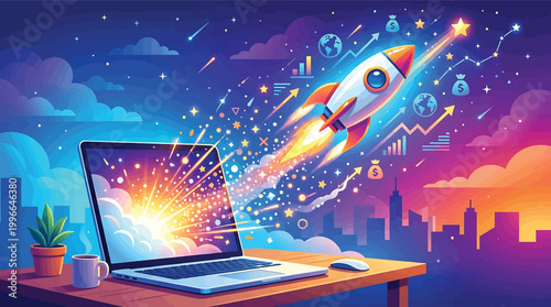 Digital business growth concept, a rocket launching from a laptop screen into a vibrant, stylized starry sky with financial charts and icons, representing startup success, innovation, and technology