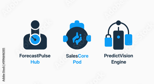 Forecast pulse hub sales core pod predict vision engine icons with forecast prediction business technology analysis strategy software information illustration interface organization