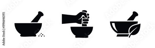 Minimalist mortar and pestle icons set, representing herbal medicine, apothecary, and cooking concepts. Black silhouettes on a white background.