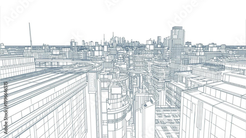 Digital blueprint of a futuristic cityscape with towering skyscrapers and intricate architectural designs, illustrating urban development and advanced infrastructure