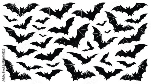 Set of black bat silhouettes collection of halloween bats flying in different positions for spooky holiday decoration