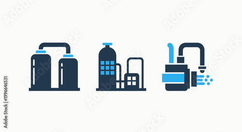 Industrial icons: factory refinery pumping station with industry refinery manufacturing production chemical infrastructure illustration building architecture pipeline treatment technology