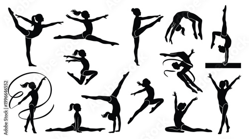 Set of silhouettes of gymnasts performing various exercises