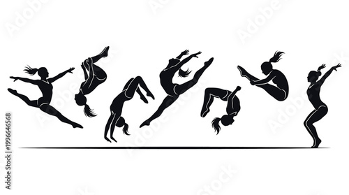 Set of gymnastics silhouettes, female gymnast performing various acrobatic exercises
