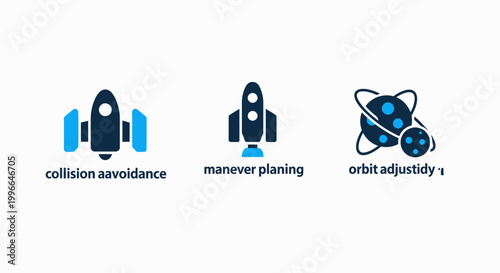 Collision avoidance maneuver planning orbit adjustment icons for spacecraft and satellite operations with sci fi spacecraft satellite aerospace technology navigation engineering exploration