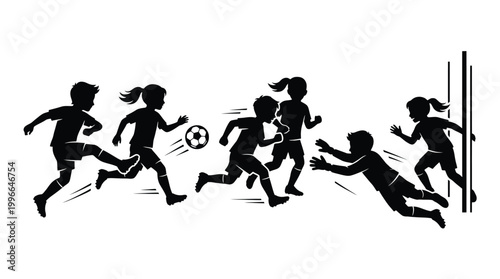 Group of children playing soccer, silhouette of kids running and kicking a ball towards the goal, vector illustration