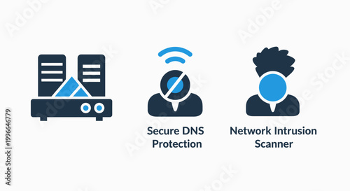 This image features three distinct icons illustrating concepts in network security: a server rack for data protection, a crossed-out wi-fi signal for secure dns protection, and a silhouette icon