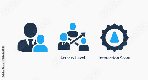This graphic illustrates business and team dynamics through three icons: a group of people representing team members, an activity level icon showing engagement, and an interaction score symbol
